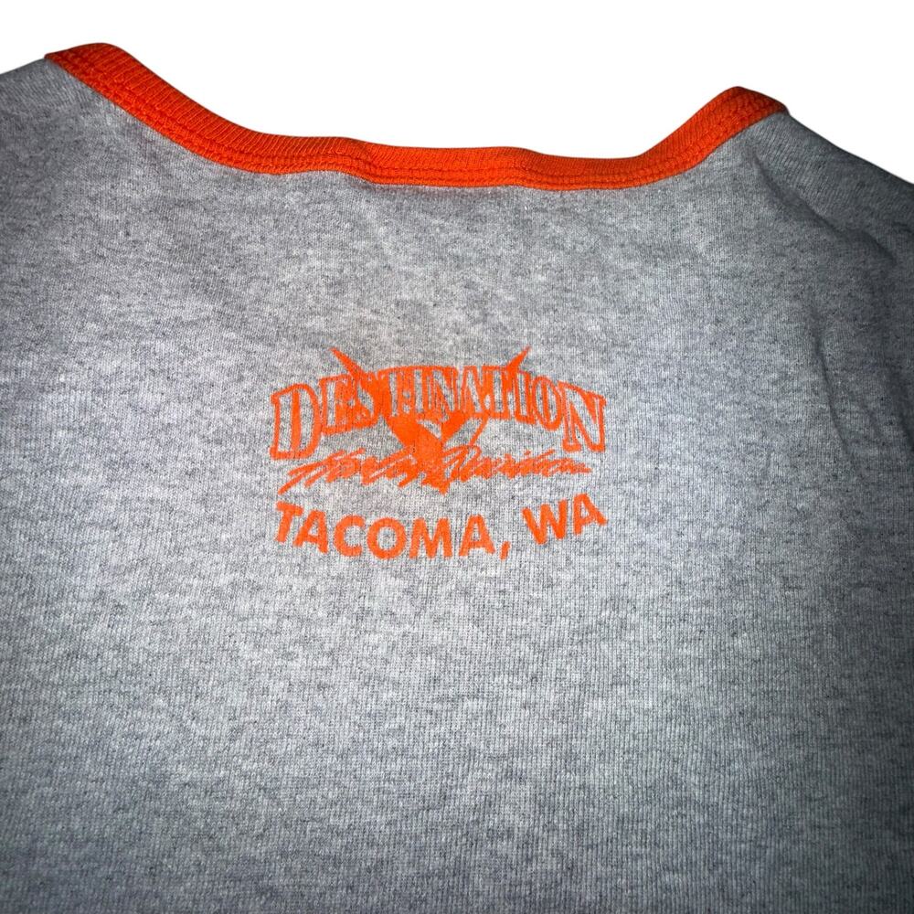 Harley-Davidson Women’s Gray Long Sleeve V-Neck T Shirt Orange Trim Tacoma WA LG - Picture 9 of 10